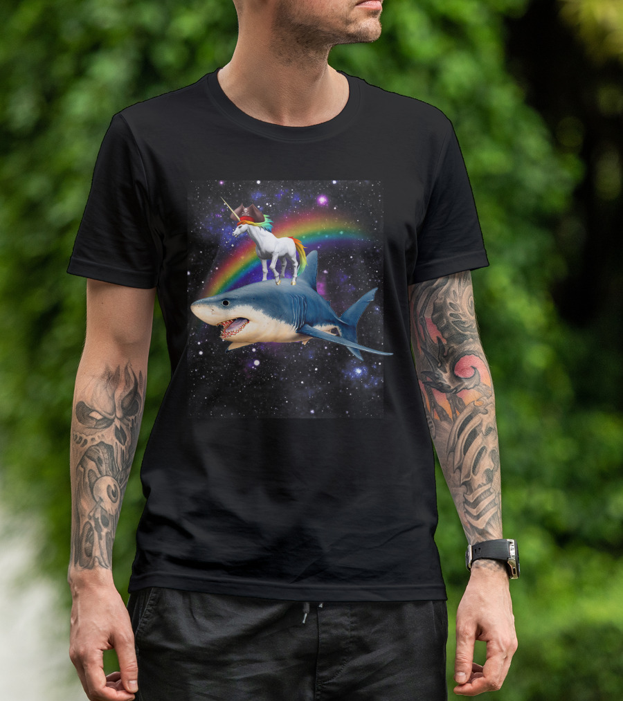 Pirate Day And Halloween Space Pirate Unicorn Riding Shark In Rainbow Galaxy T-Shirt