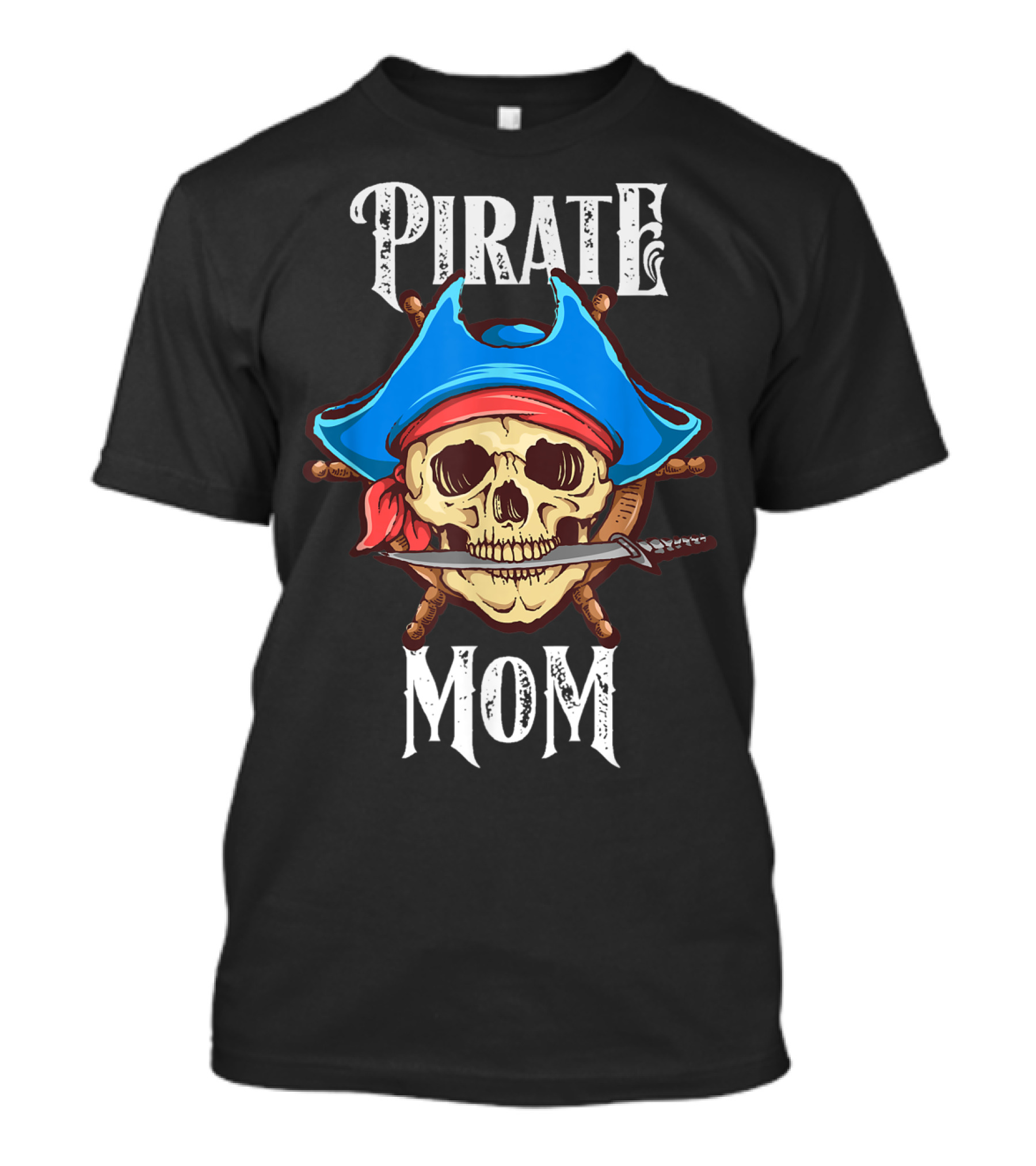 Pirate Mom Skull Blue Hat Sword Halloween Family Matching T-Shirt