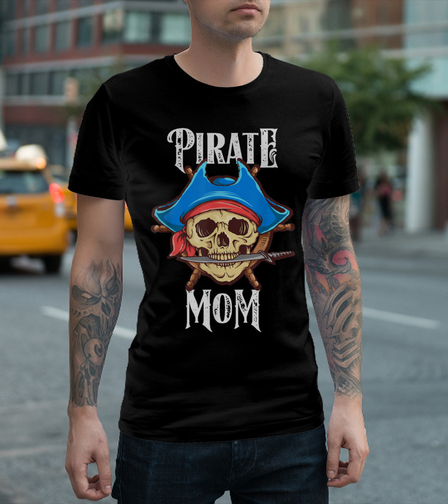 Pirate Mom Skull Blue Hat Sword Halloween Family Matching T-Shirt