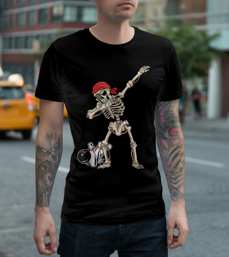Pirate Skeleton Dabbing With Red Scarf And Bowling Pins T-Shirt