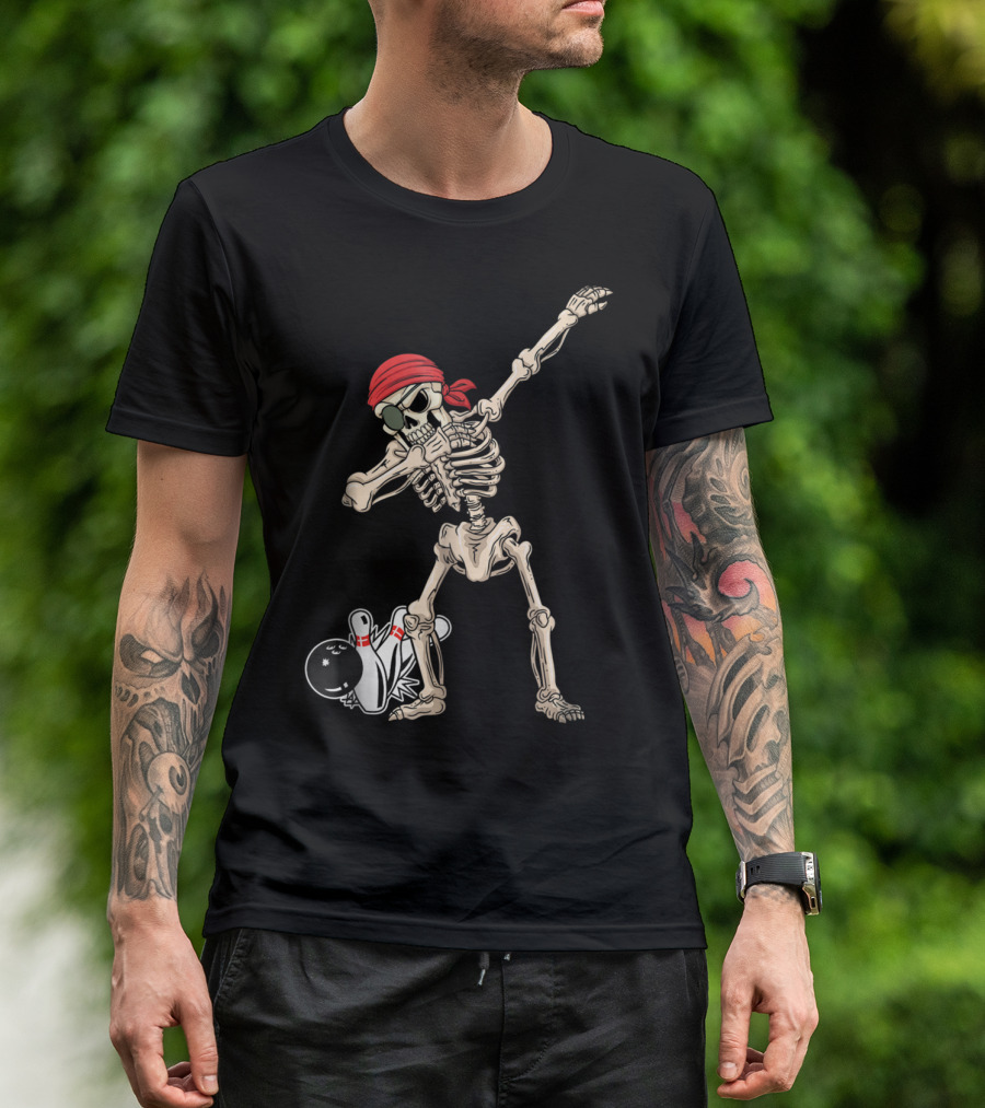 Pirate Skeleton Dabbing With Red Scarf And Bowling Pins T-Shirt