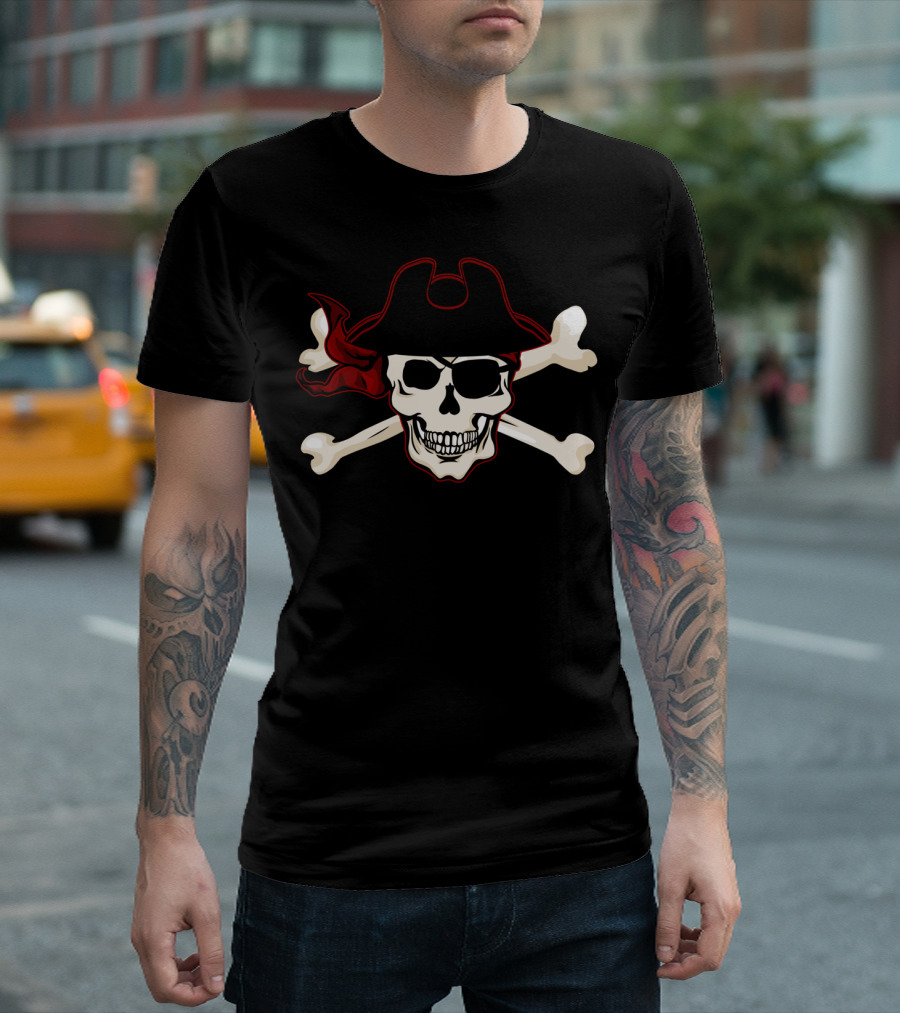Pirate Skull And Crossbones With Black Hat And Red Bandana T-Shirt