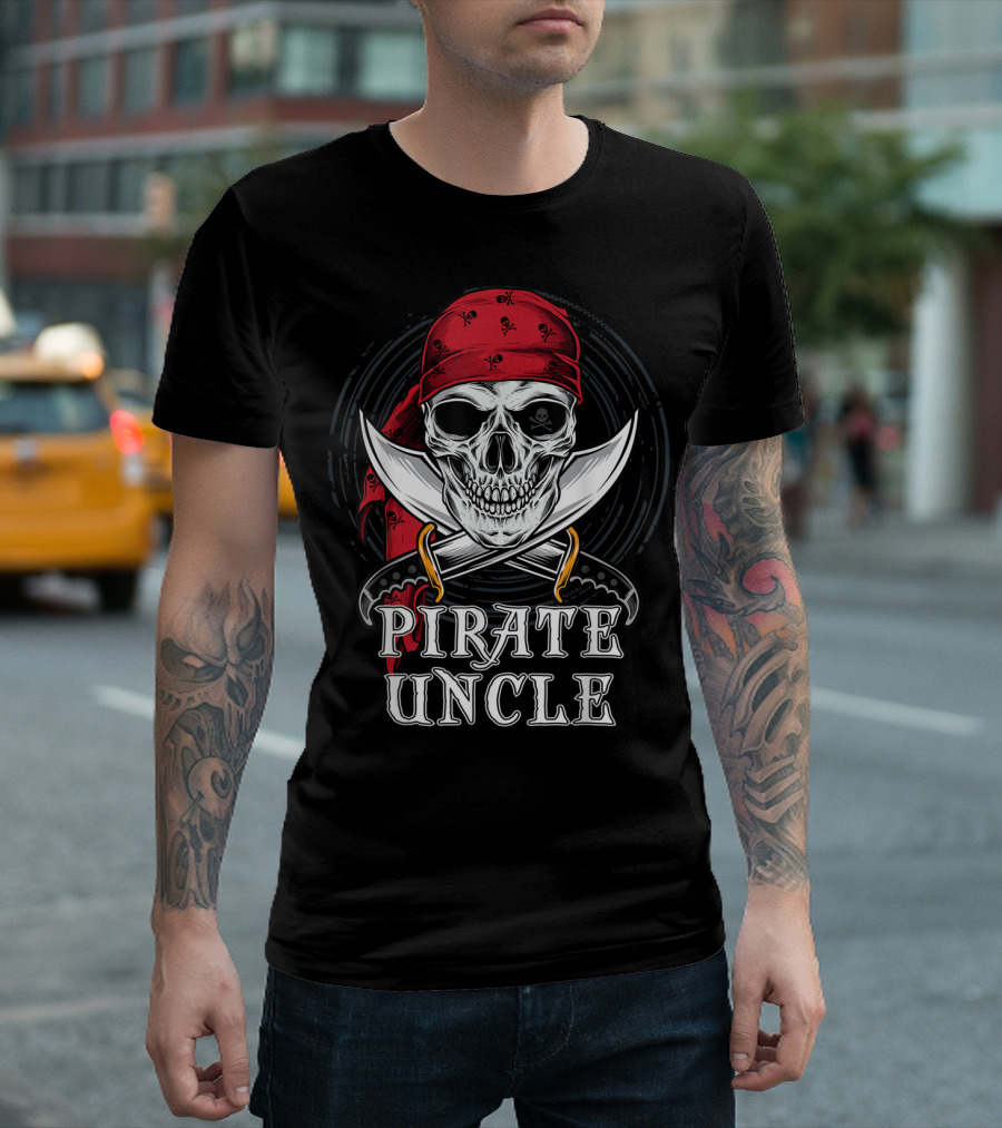 Pirate Uncle Skull With Red Bandana And Crossed Swords Halloween T-Shirt
