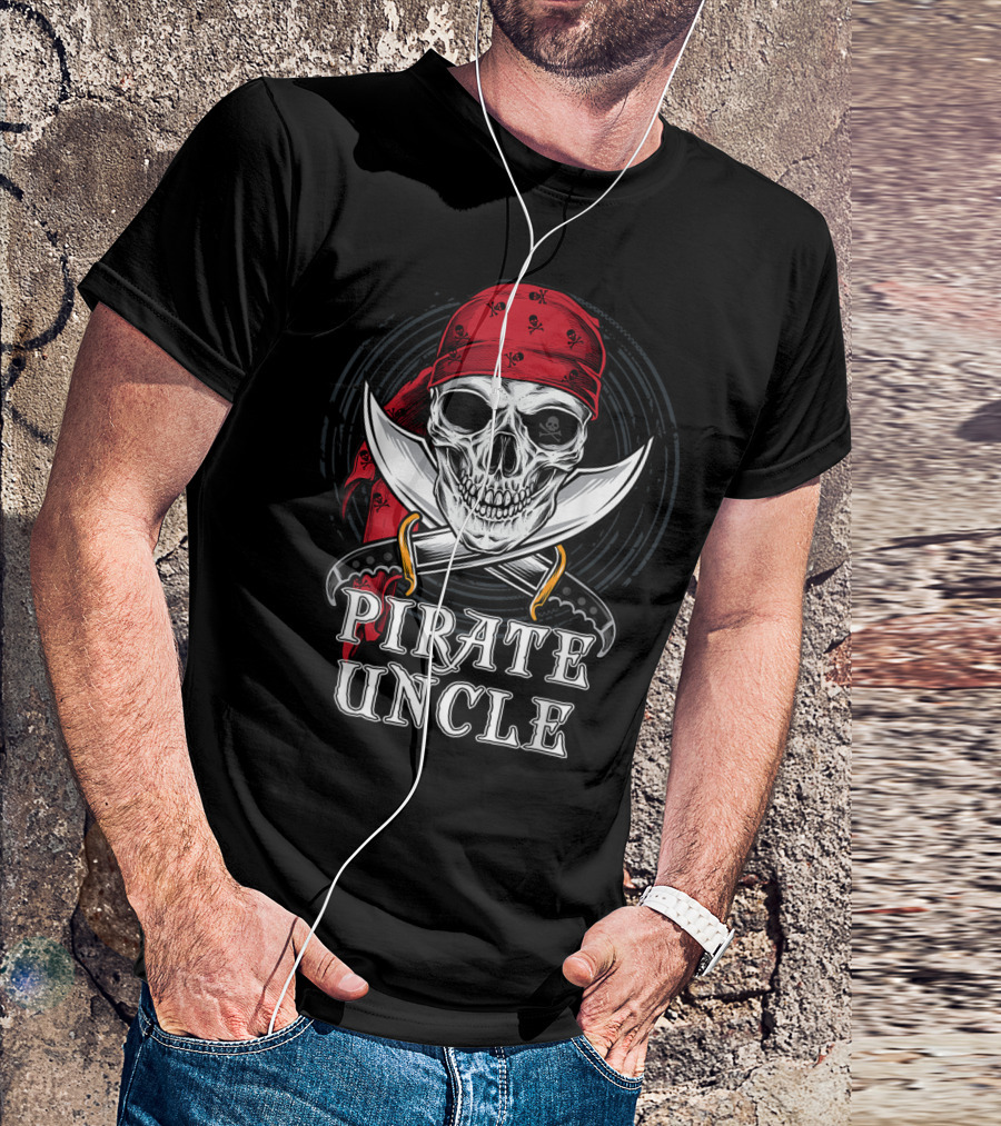 Pirate Uncle Skull With Red Bandana And Crossed Swords Halloween T-Shirt