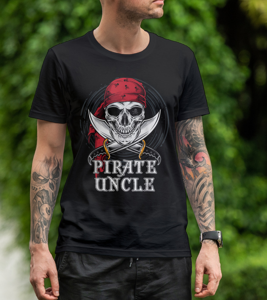 Pirate Uncle Skull With Red Bandana And Crossed Swords Halloween T-Shirt