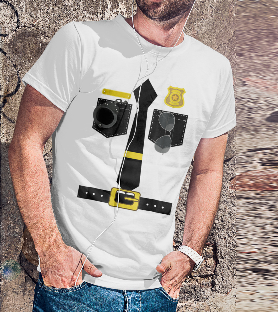 Police Costume Halloween Policeman Uniform Badge Tie Handcuffs Sunglasses T-Shirt