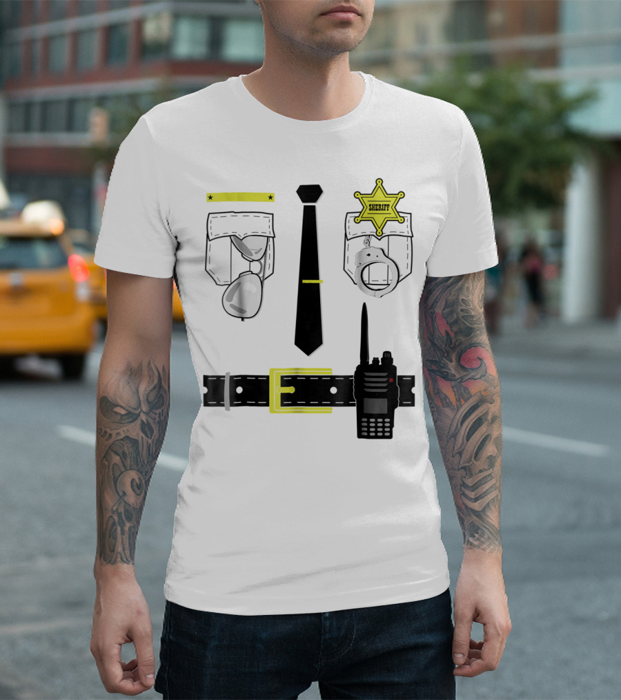 Police Uniform Sheriff Badge Handcuffs Sunglasses Radio Belt Tie T-Shirt