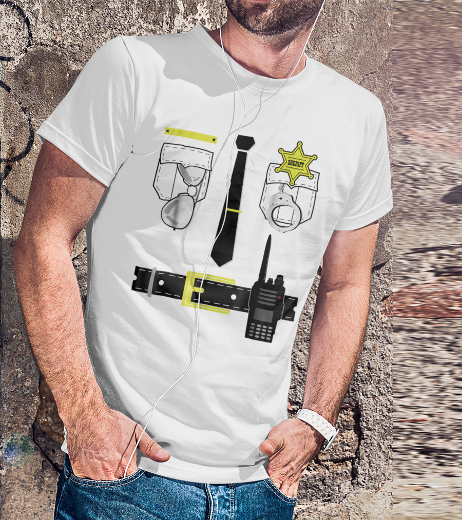 Police Uniform Sheriff Badge Handcuffs Sunglasses Radio Belt Tie T-Shirt