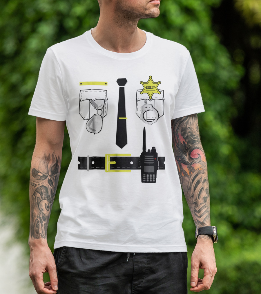 Police Uniform Sheriff Badge Handcuffs Sunglasses Radio Belt Tie T-Shirt
