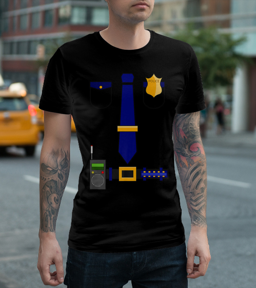 Police Uniform Costume Halloween Officer Badge Radio Belt Tie Pocket T-Shirt