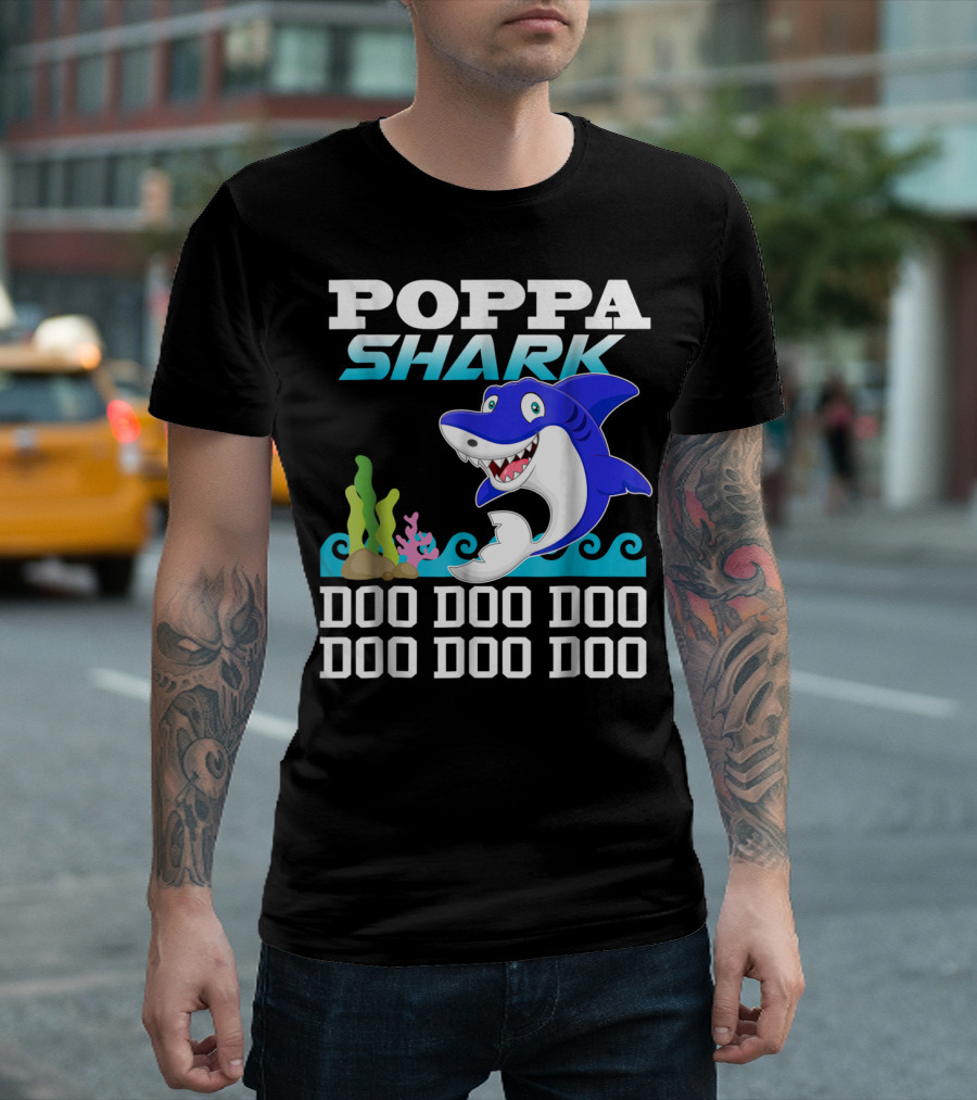Poppa Shark Doo Doo Doo Blue Cartoon Ocean Scene T-Shirt
