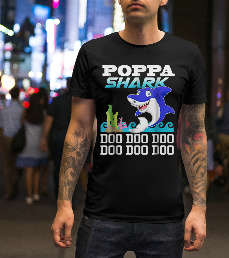 Poppa Shark Doo Doo Doo Blue Cartoon Ocean Scene T-Shirt