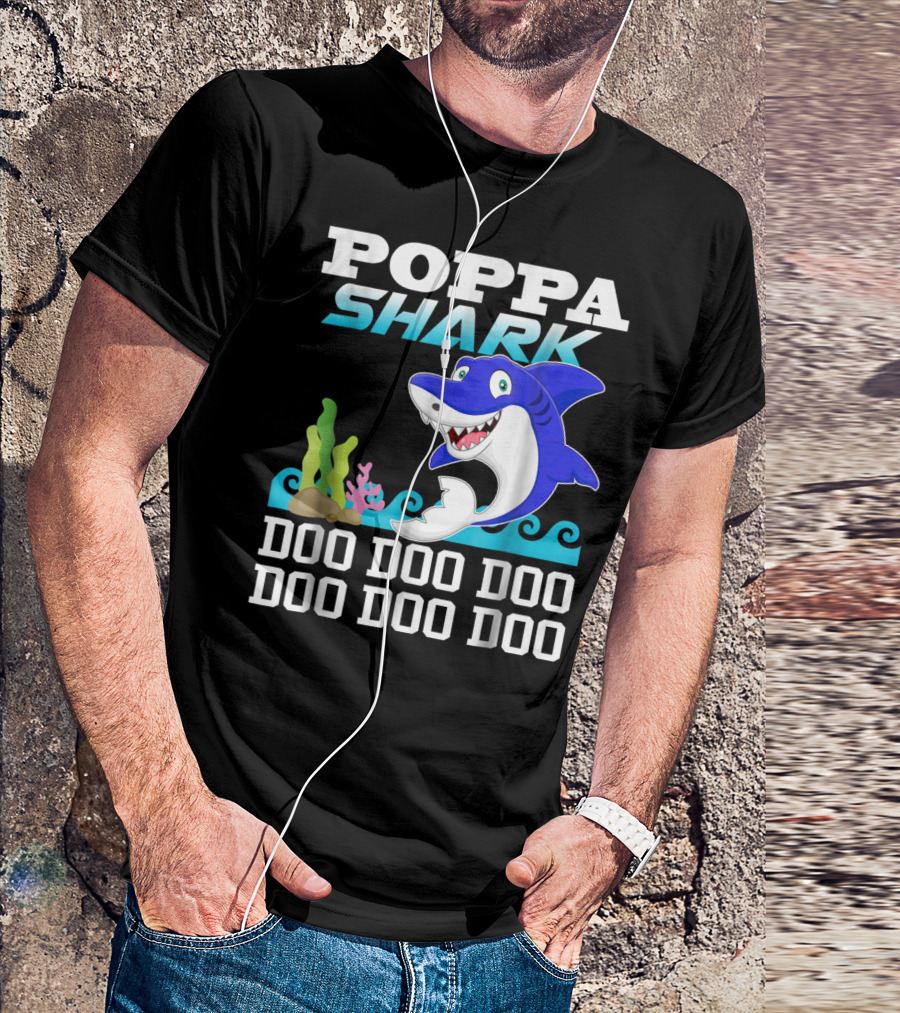 Poppa Shark Doo Doo Doo Blue Cartoon Ocean Scene T-Shirt