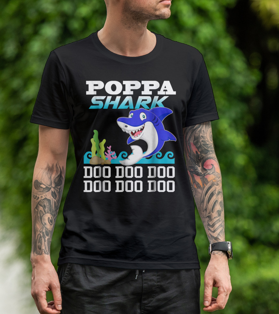 Poppa Shark Doo Doo Doo Blue Cartoon Ocean Scene T-Shirt