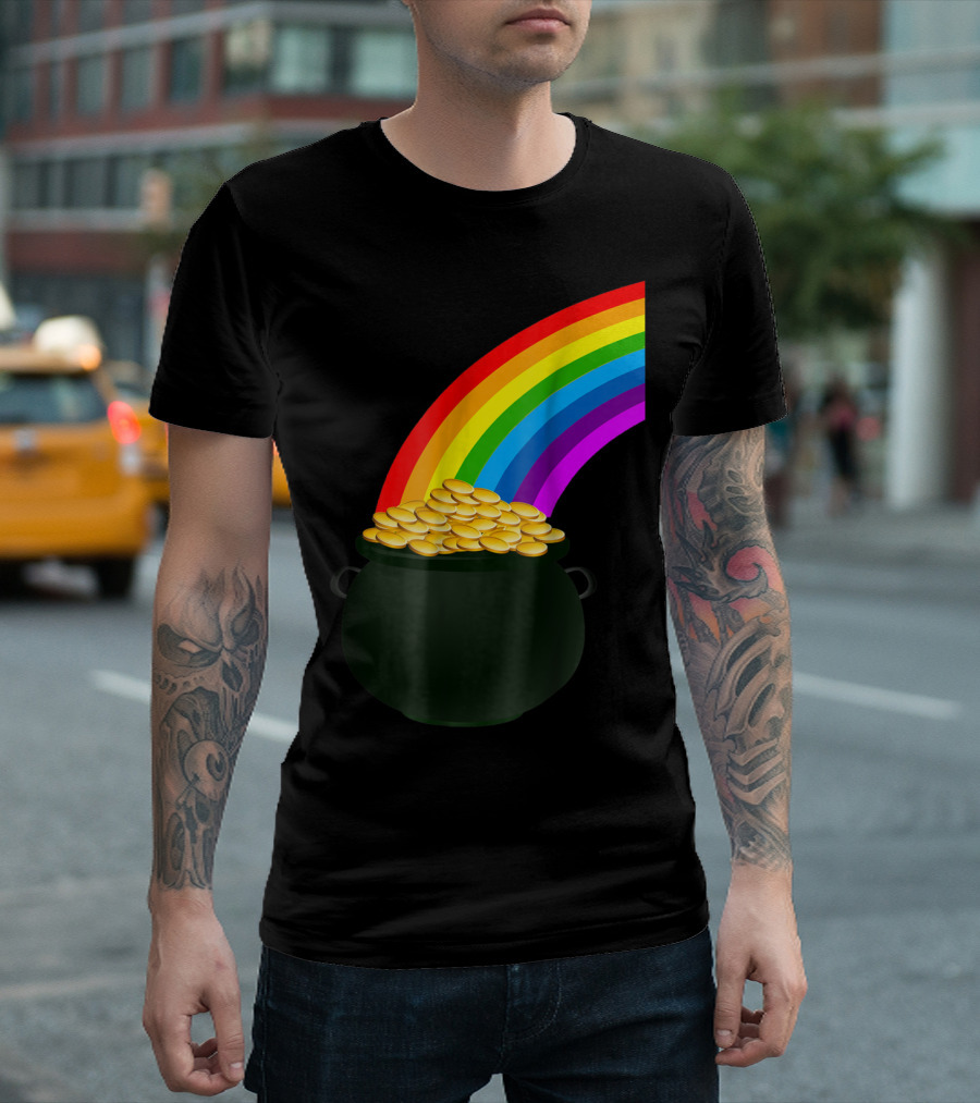 Pot Of Gold Under Rainbow With Colored Arc And Treasure Coins T-Shirt