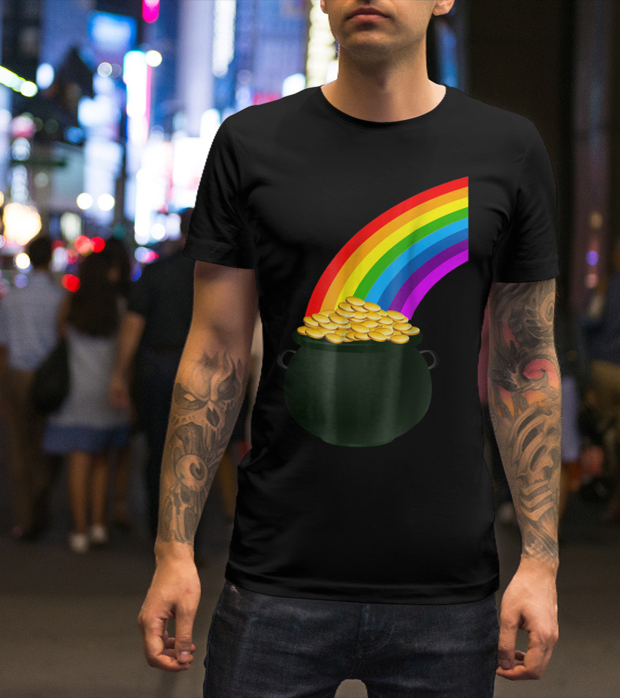 Pot Of Gold Under Rainbow With Colored Arc And Treasure Coins T-Shirt
