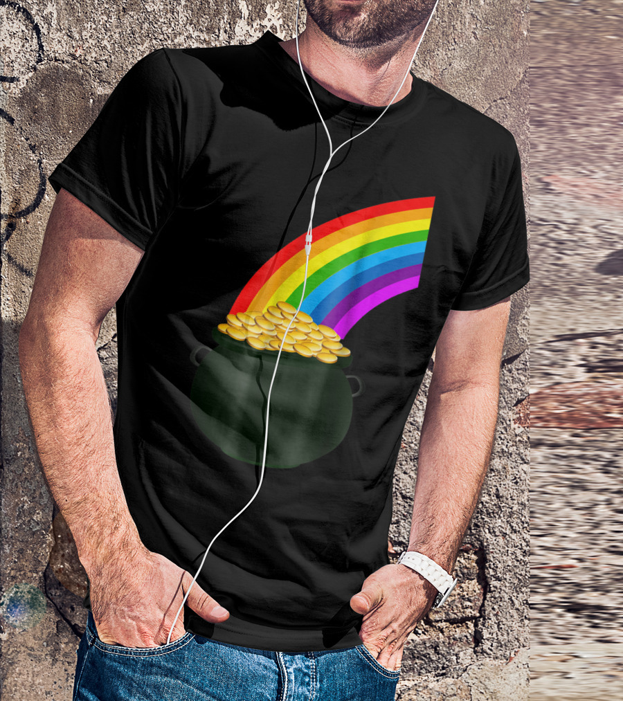 Pot Of Gold Under Rainbow With Colored Arc And Treasure Coins T-Shirt