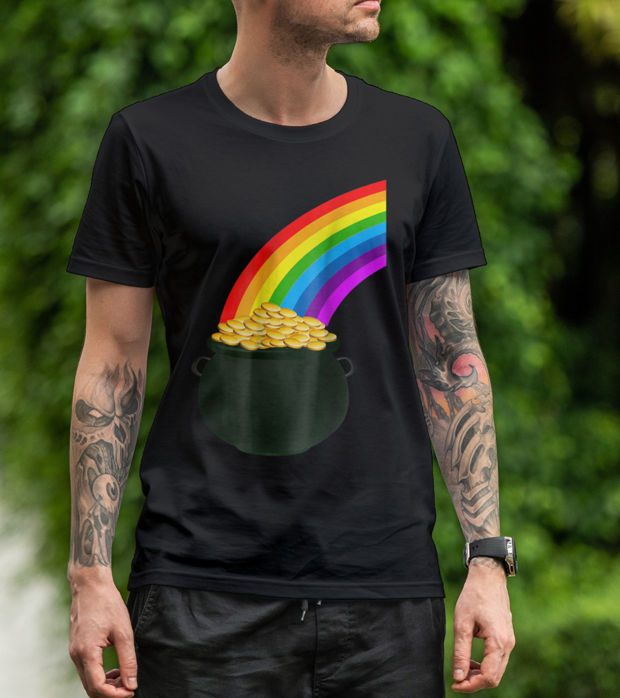 Pot Of Gold Under Rainbow With Colored Arc And Treasure Coins T-Shirt