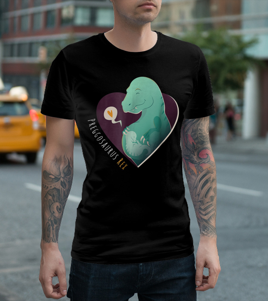 Preggosaurus Rex Dinosaur Heart Mom Hugging Baby T-Shirt