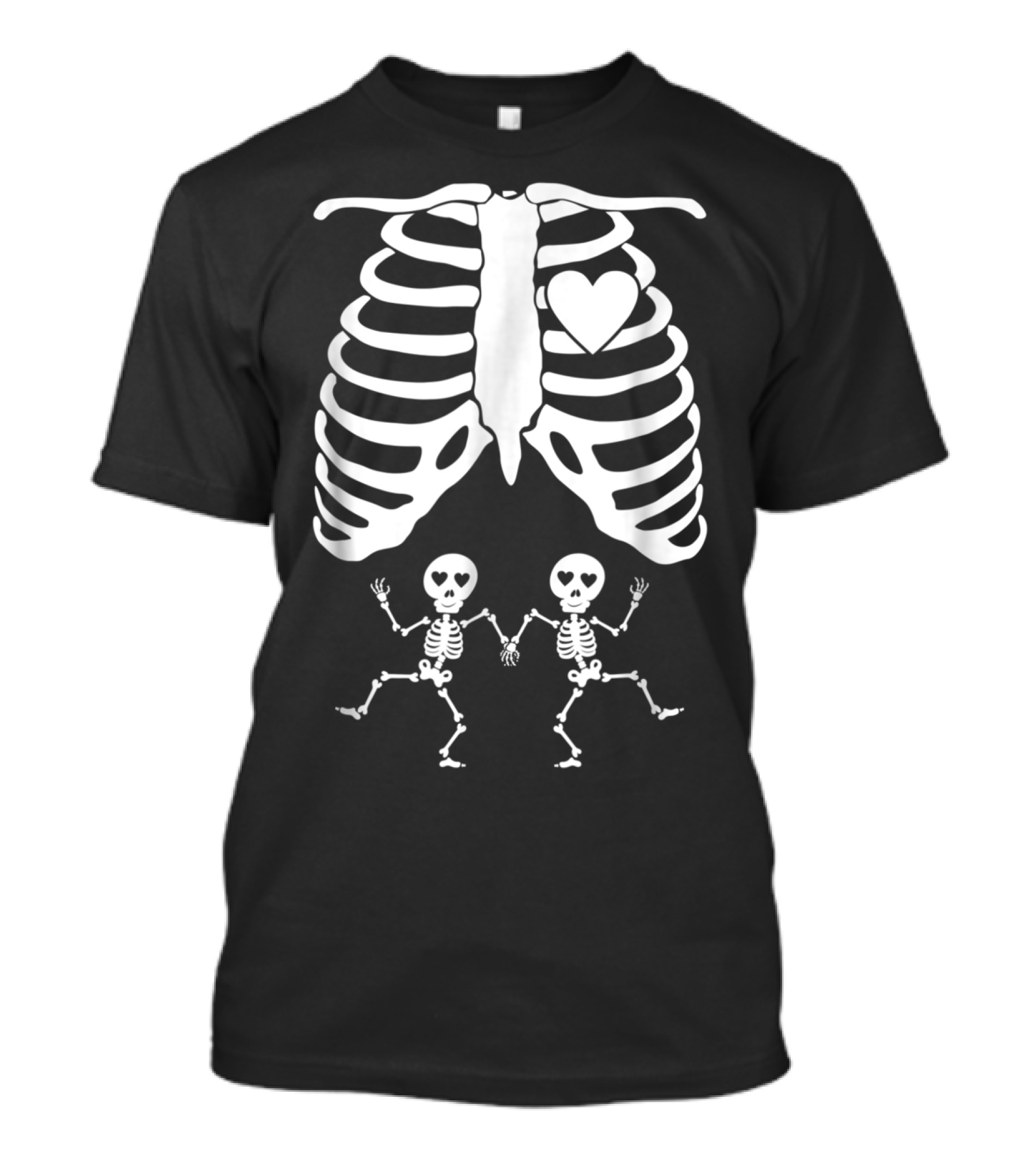 Skeletal Pregnant Mom With Twins Halloween Heart Bones T-Shirt