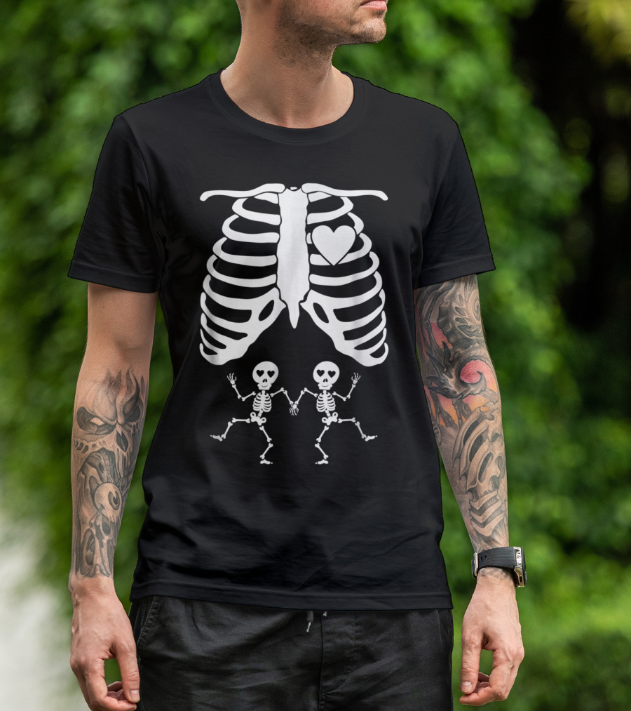 Skeletal Pregnant Mom With Twins Halloween Heart Bones T-Shirt