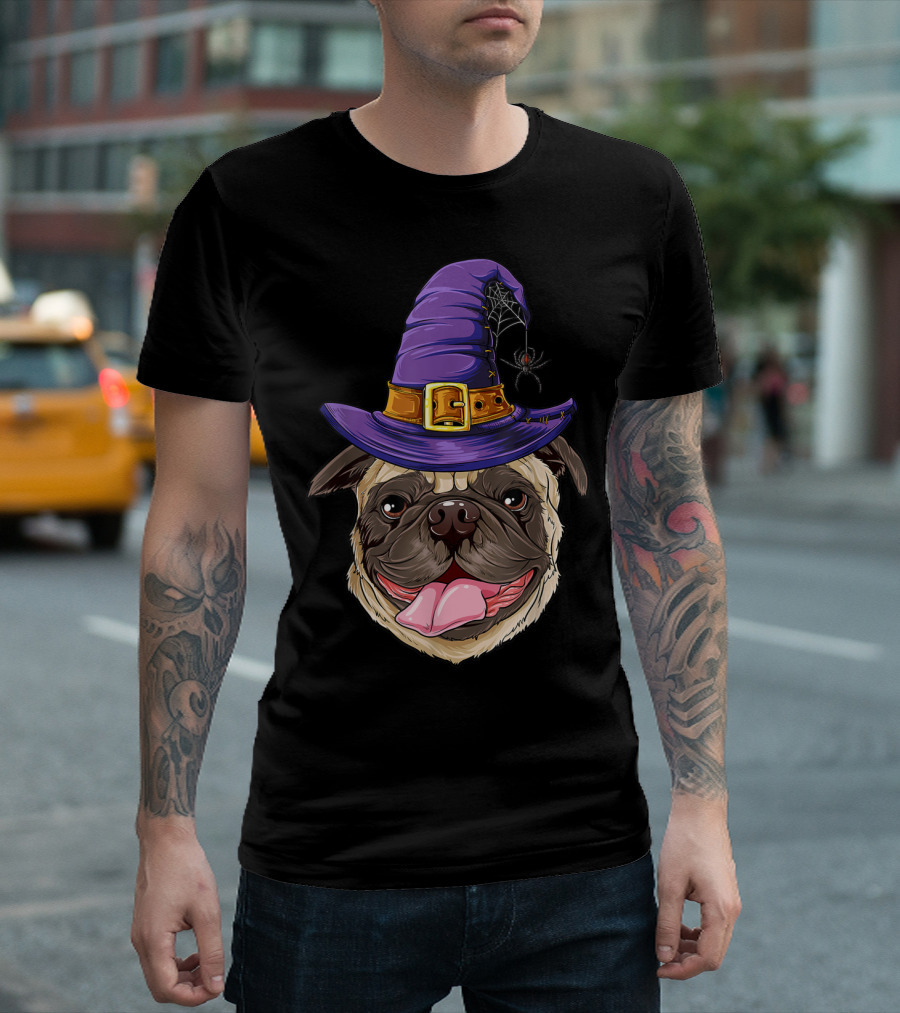 Pug in Purple Witch Hat Halloween T-Shirt
