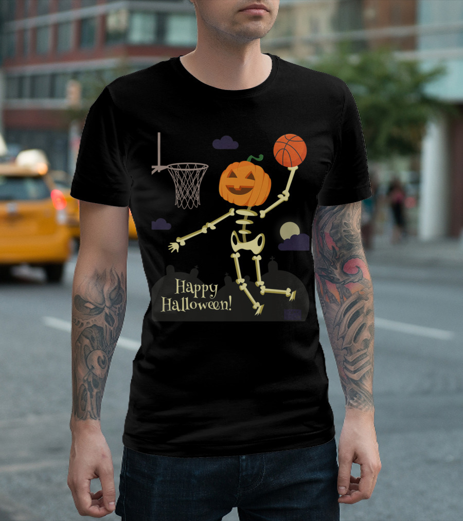 Happy Halloween Pumpkin Head Skeleton Dunking Basketball T-Shirt