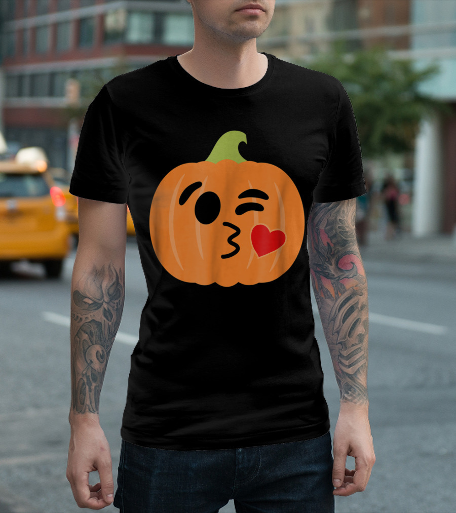 Pumpkin Jack O Lantern Winking Kiss Emoji Face T-Shirt