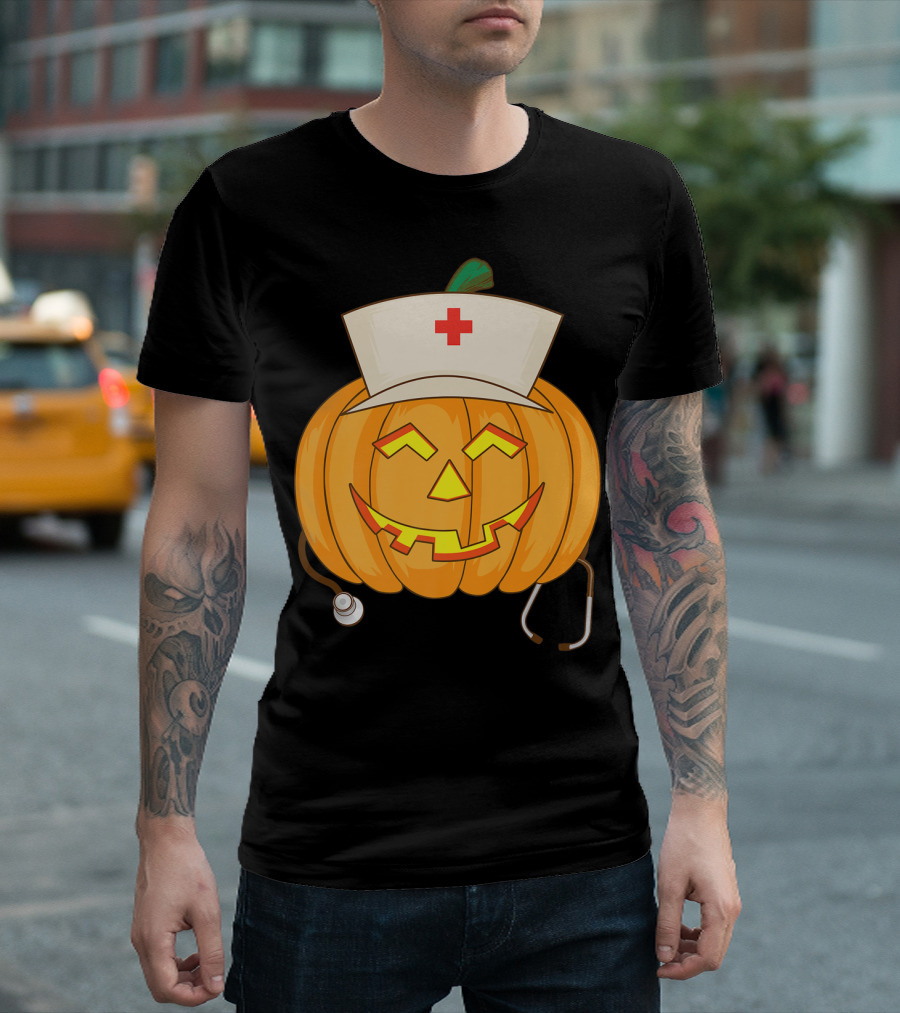 Pumpkin Nurse Head Halloween Cool Nurse Squash Stethoscope Jack-O'-Lantern T-Shirt