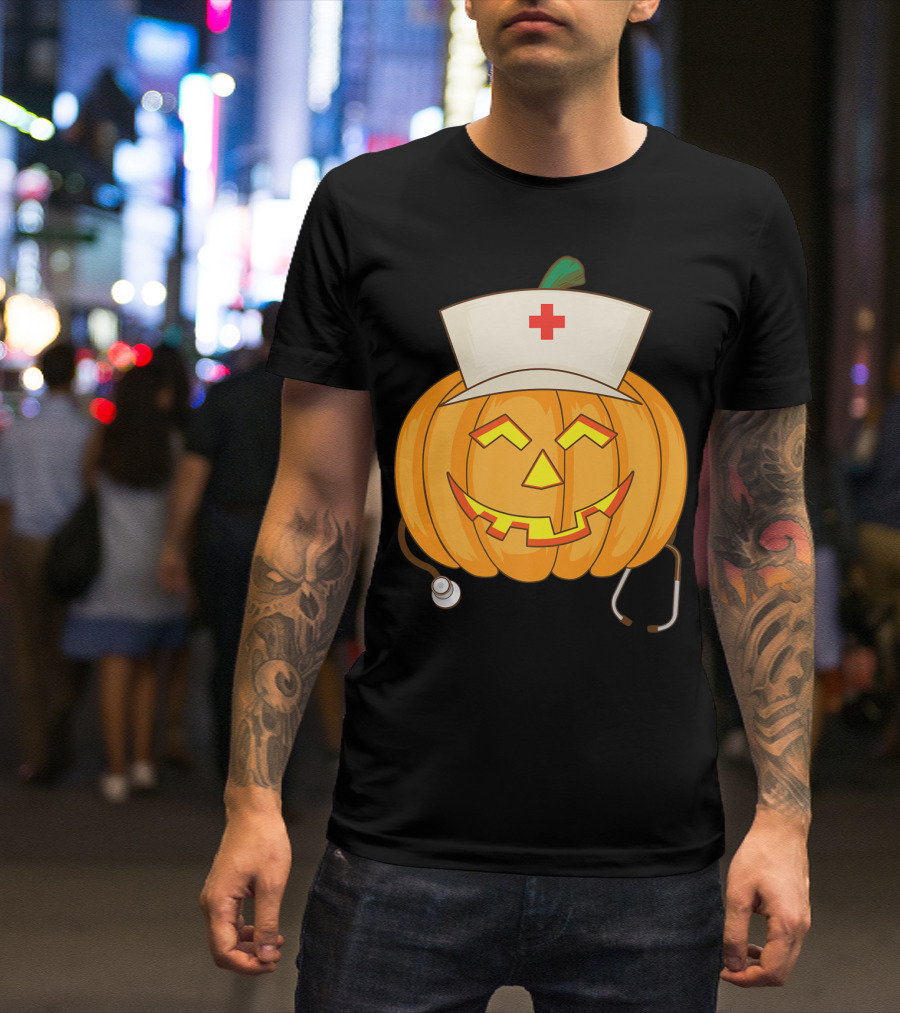 Pumpkin Nurse Head Halloween Cool Nurse Squash Stethoscope Jack-O'-Lantern T-Shirt