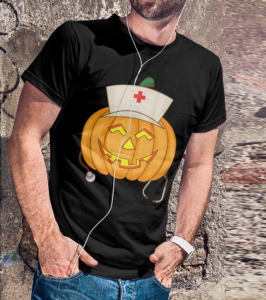Pumpkin Nurse Head Halloween Cool Nurse Squash Stethoscope Jack-O'-Lantern T-Shirt