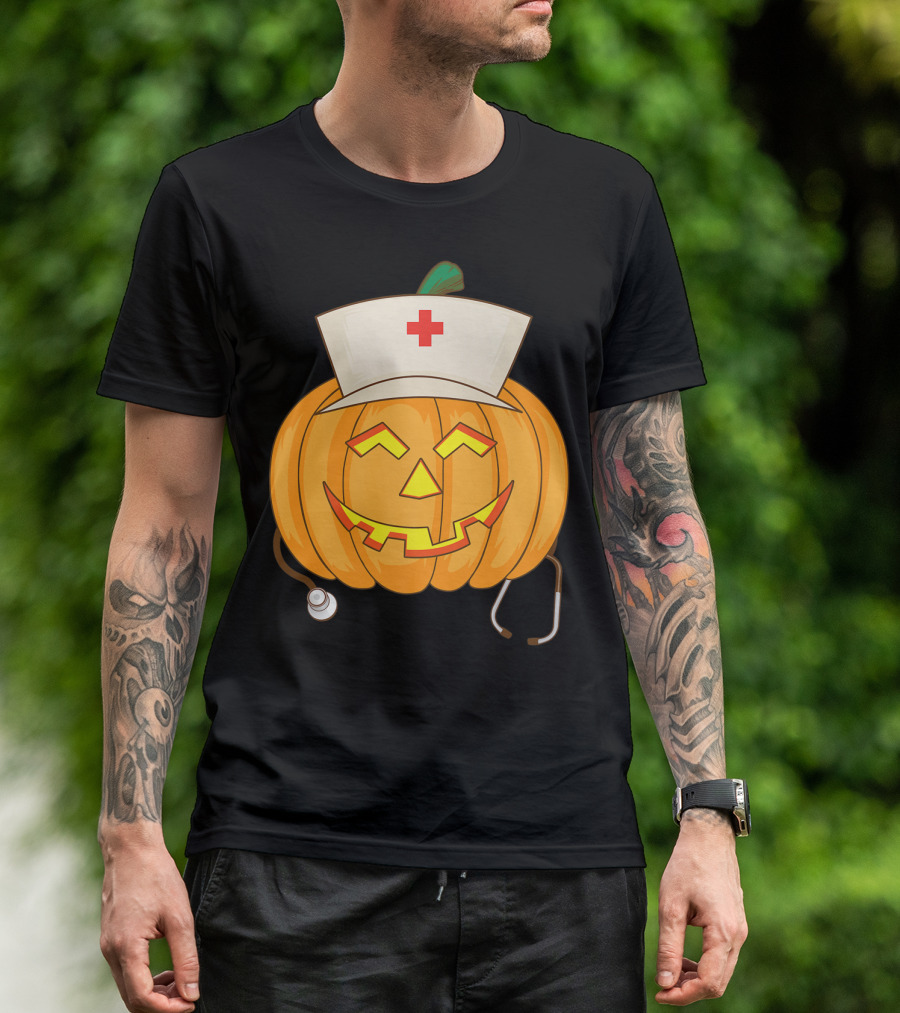 Pumpkin Nurse Head Halloween Cool Nurse Squash Stethoscope Jack-O'-Lantern T-Shirt
