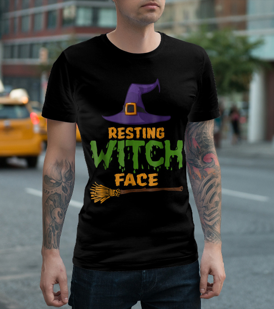 Resting Witch Face Purple Hat and Broomstick T-Shirt