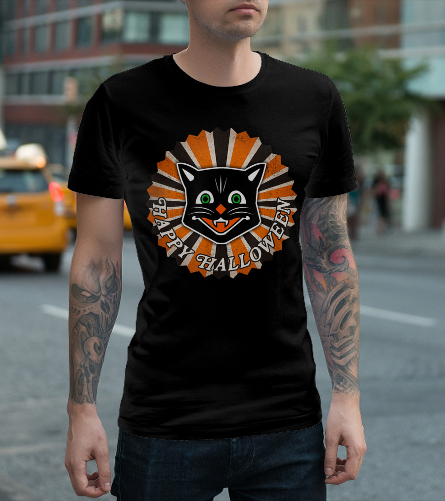 Retro Vintage Style Happy Halloween Black Cat T-Shirt