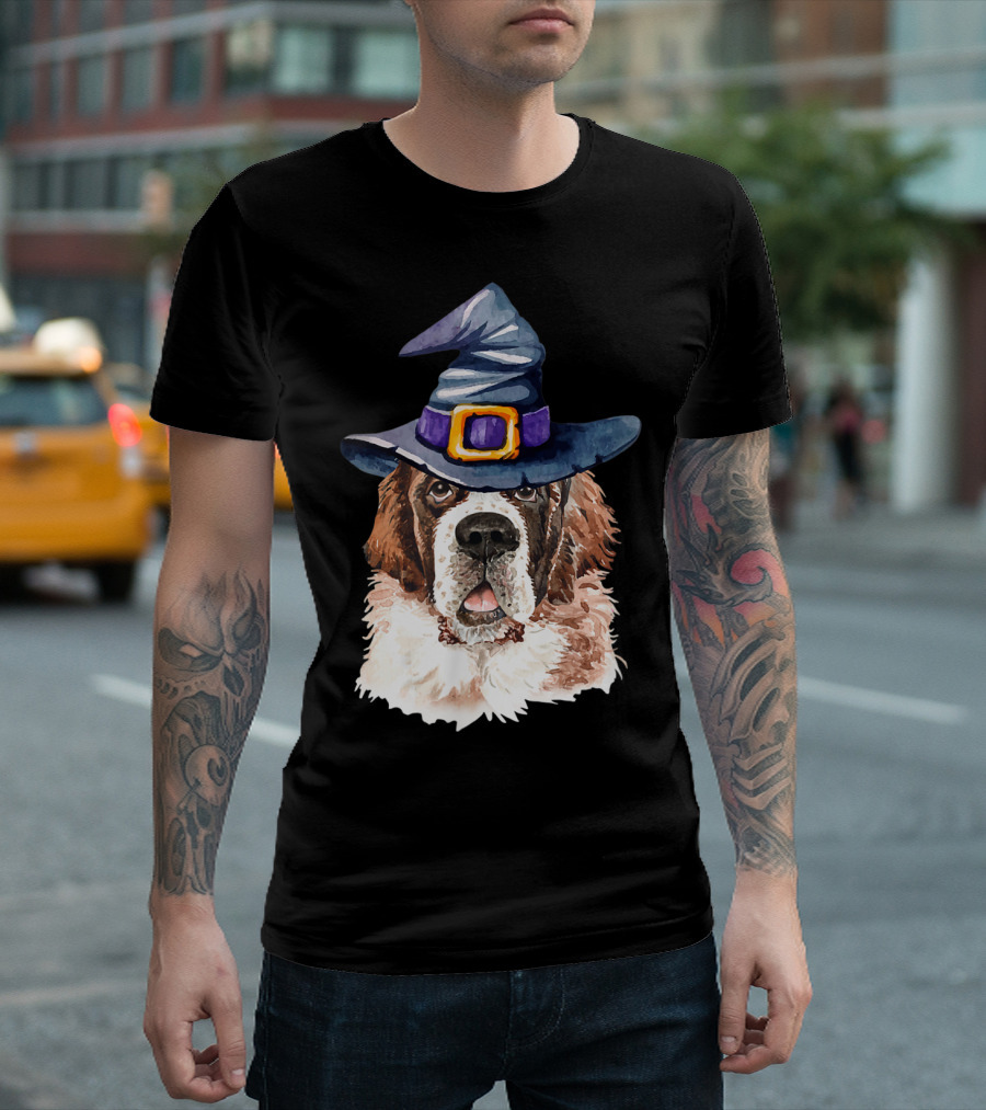 Saint Bernard Witch Hat Halloween Dog Lovers T-Shirt