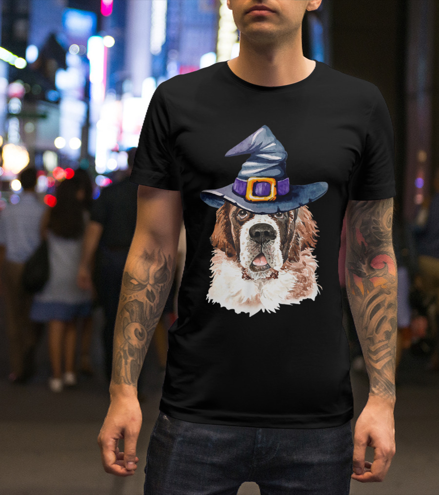 Saint Bernard Witch Hat Halloween Dog Lovers T-Shirt