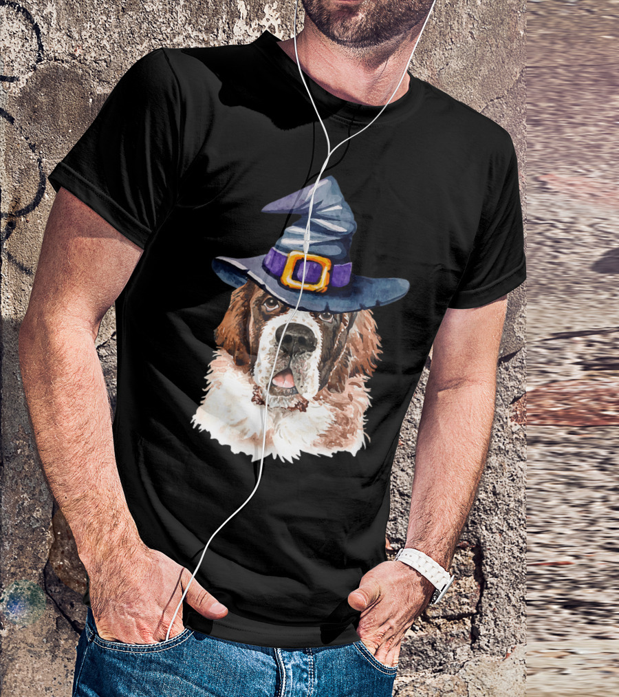 Saint Bernard Witch Hat Halloween Dog Lovers T-Shirt