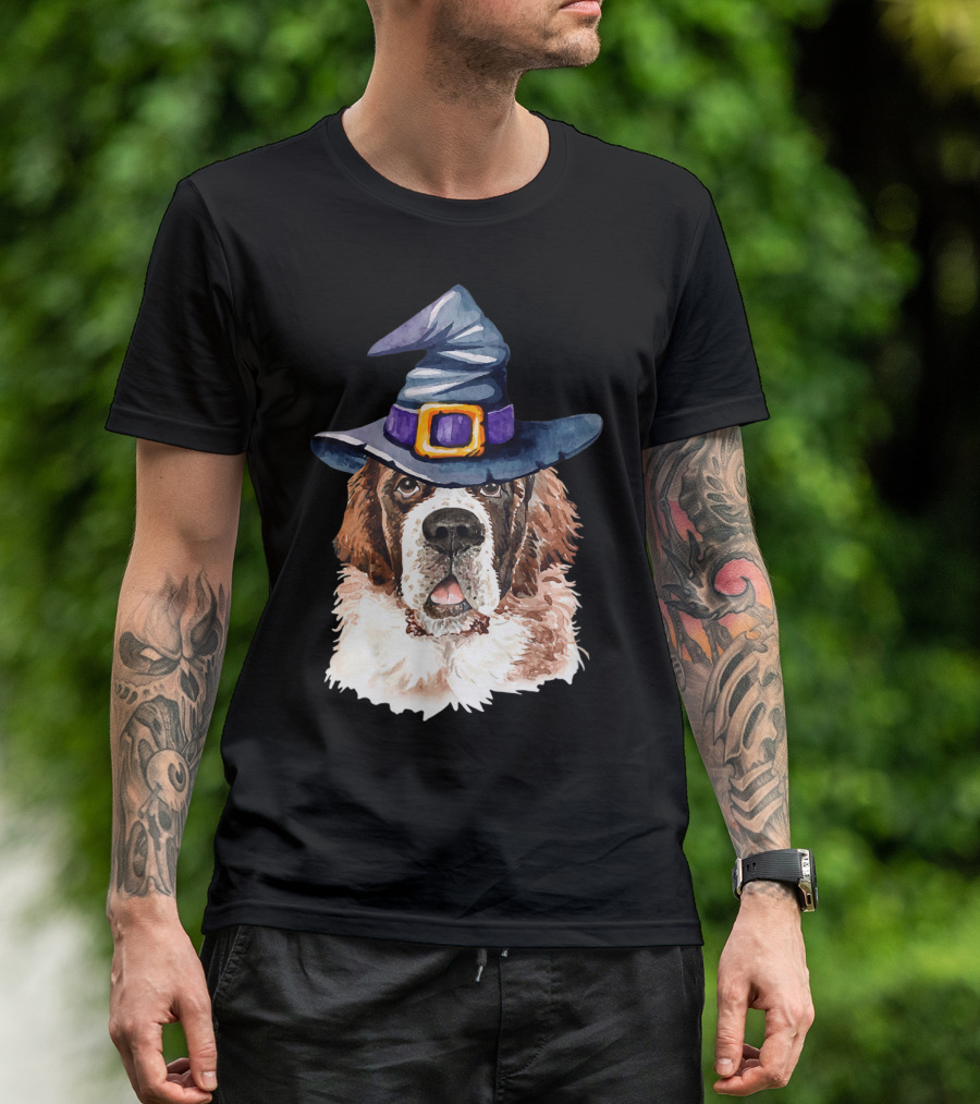Saint Bernard Witch Hat Halloween Dog Lovers T-Shirt