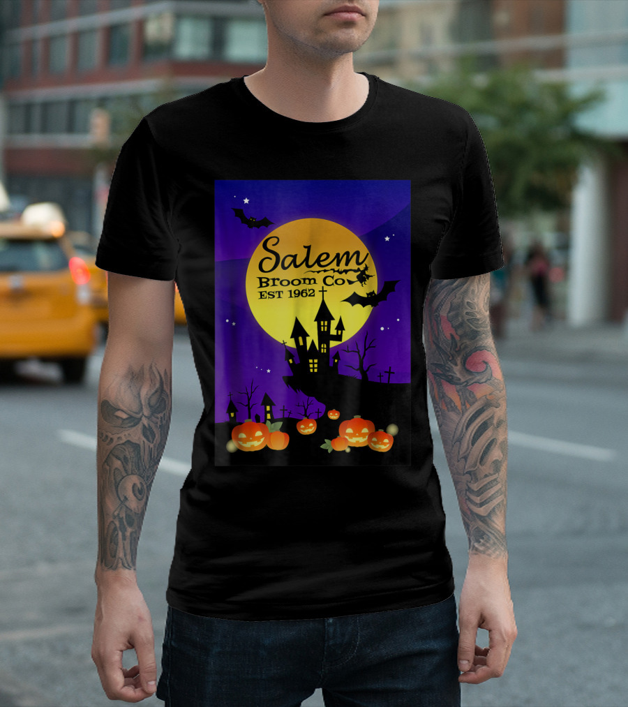 Salem Broom Co EST 1962 Halloween Pumpkins and Bats Haunted House Moonlit Scene T-Shirt
