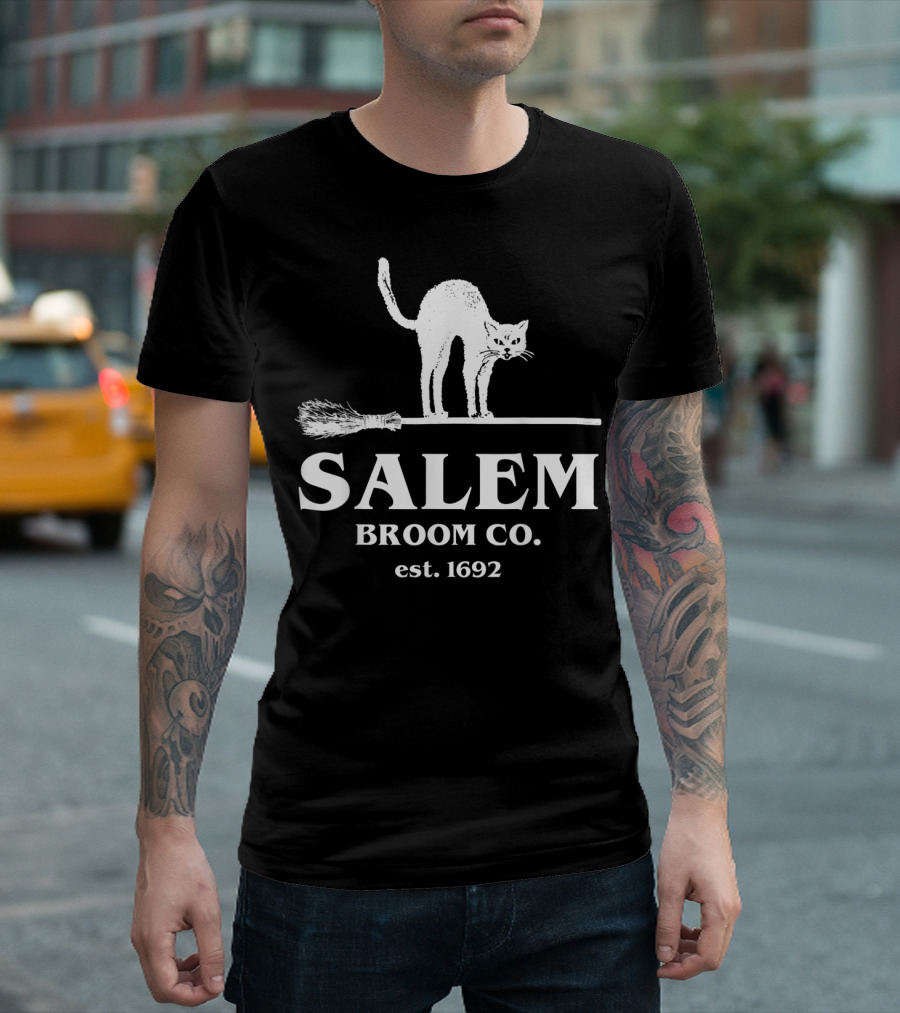 Salem Broom Co. Est. 1692 Black Cat Halloween T-Shirt