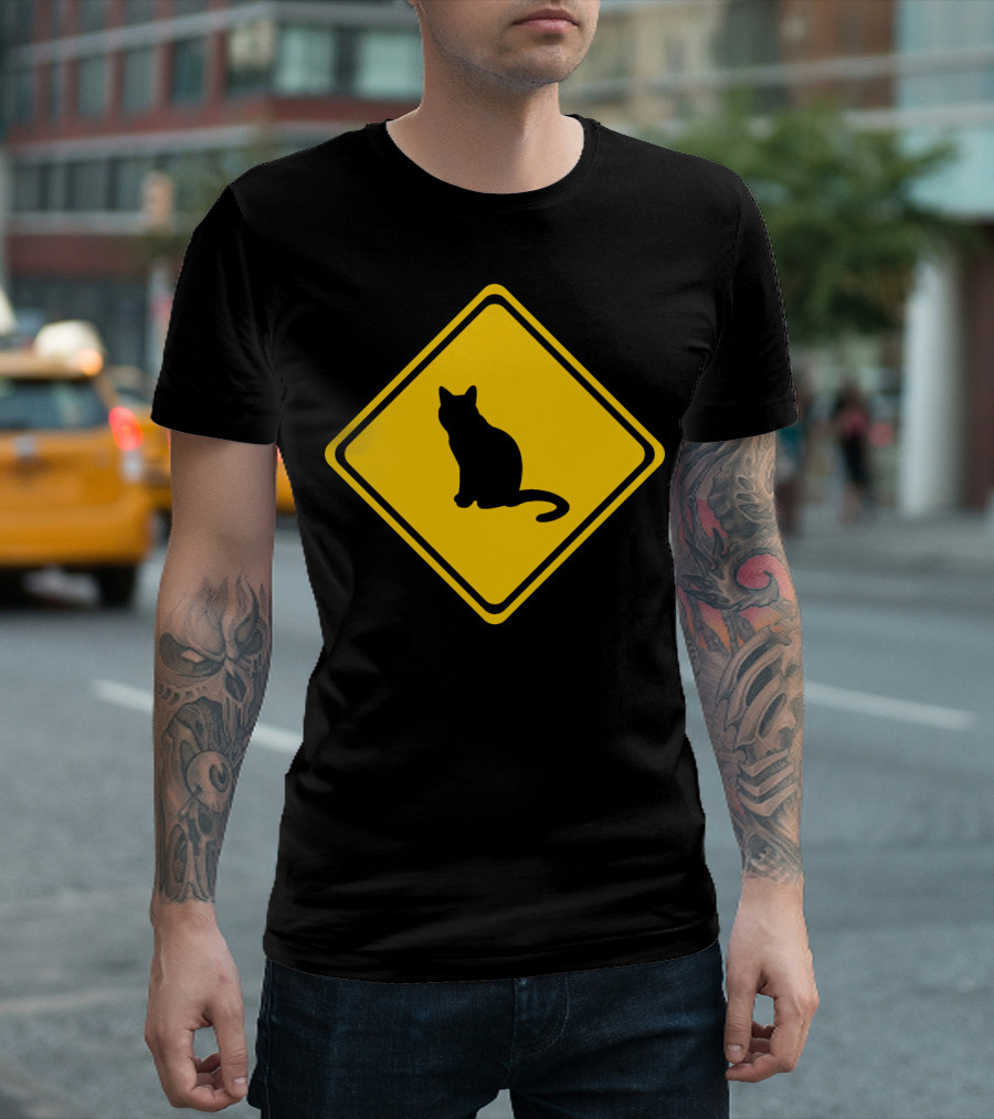 Salem Witch Halloween 90 Black Cat Crossing Sign T-Shirt