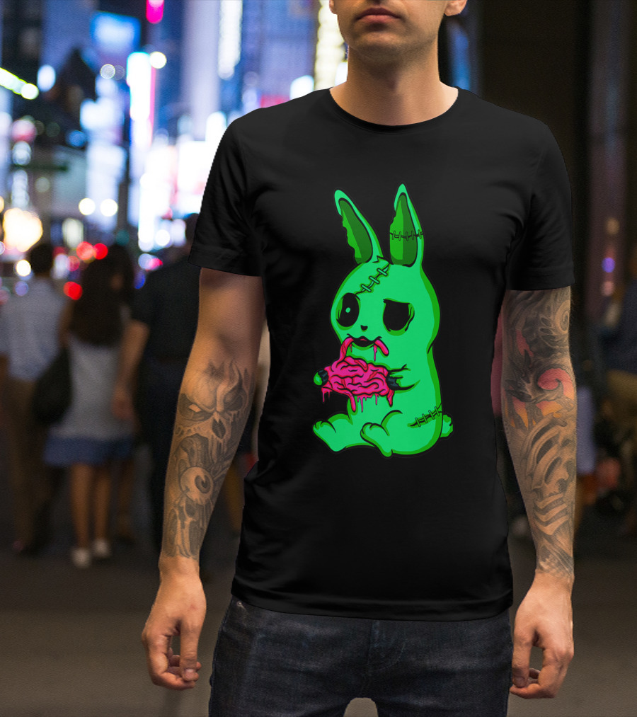 Scary Halloween Green Easter Bunny Zombie Eating Brains T-Shirt