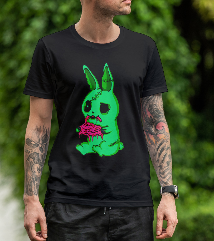 Scary Halloween Green Easter Bunny Zombie Eating Brains T-Shirt
