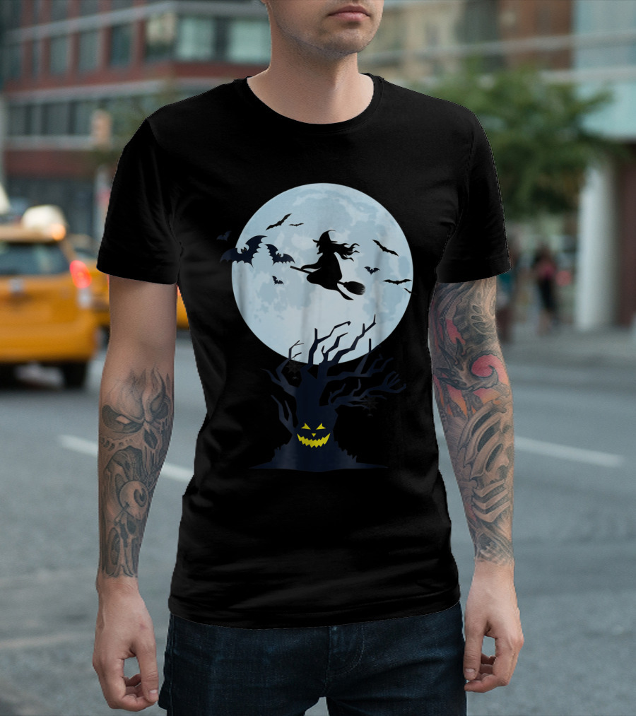 Witch Silhouette Flying Over Moon with Bats and Sinister Grinning Tree T-Shirt