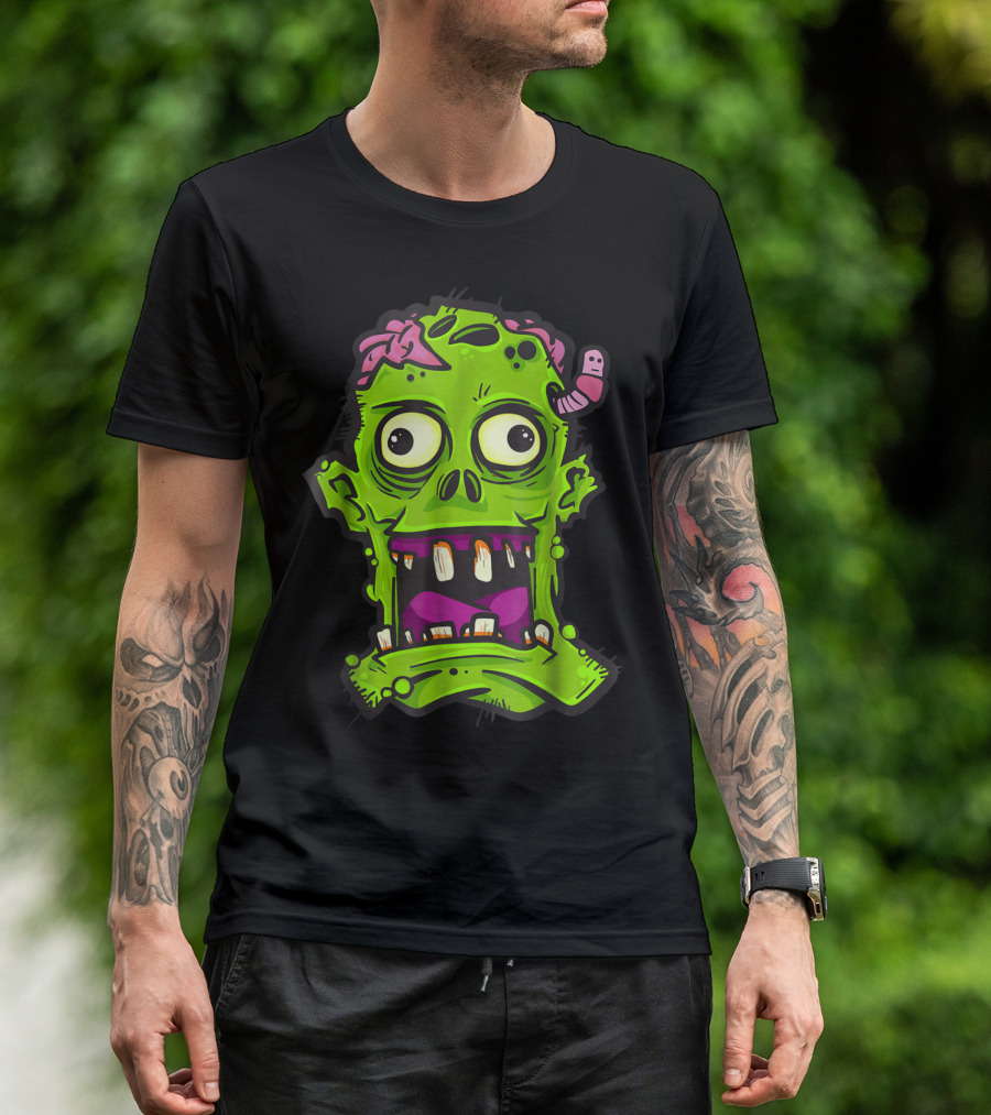 Halloween Scary Zombie Face With Spooky Trick Elements T-Shirt