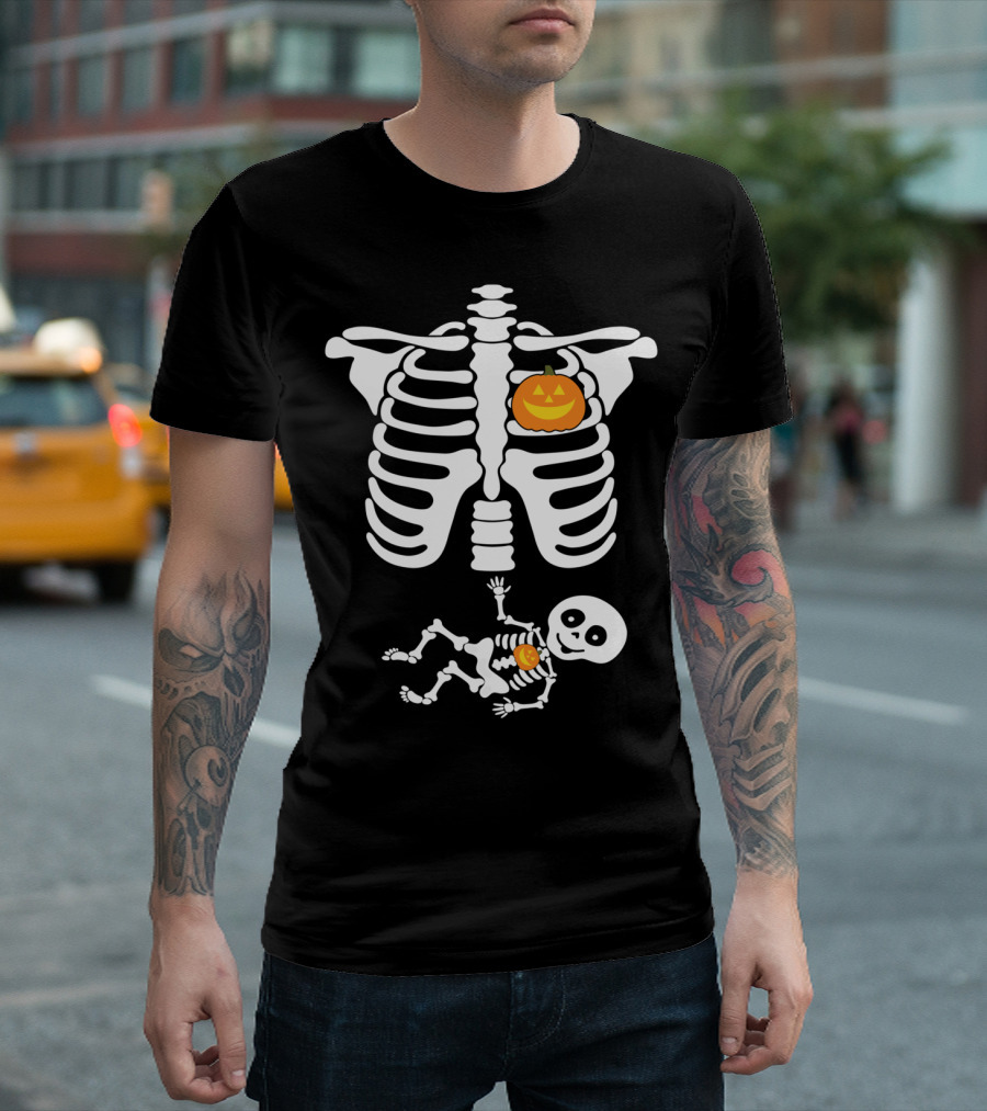 Skeleton Baby Halloween Pregnant Pumpkin Ribcage T-Shirt