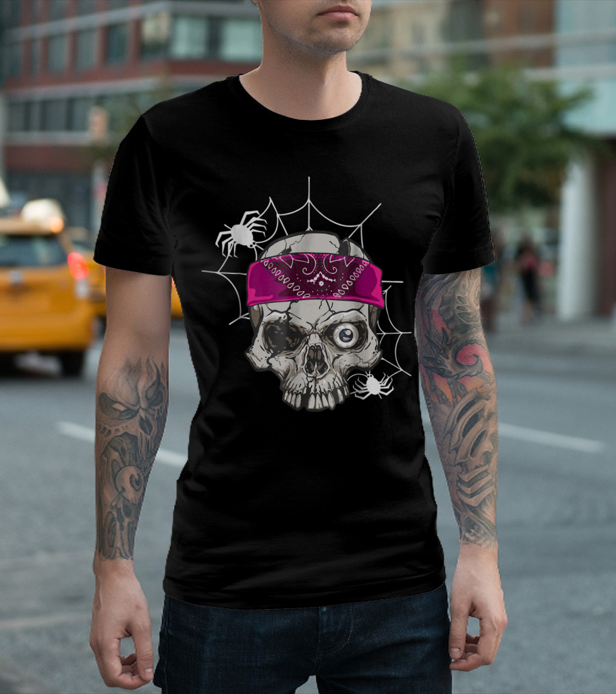 Skeleton Skull with Pink Bandana, Web, and Spiders T-Shirt