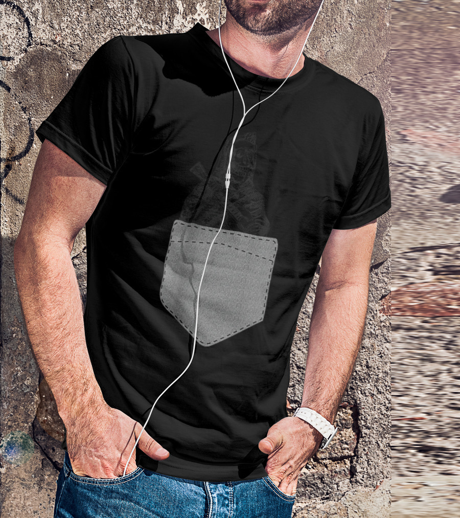 Skeleton Playing Guitar Funny Halloween Black Hoodie Pocket T-Shirt