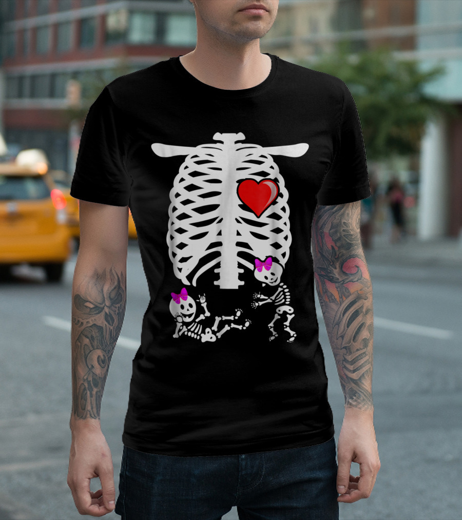 Skeleton Pregnancy Announcement Twins Girls Heart Bows T-Shirt