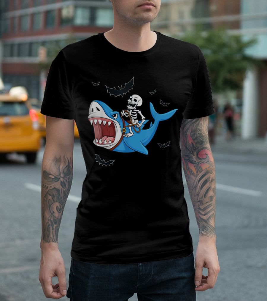 Skeleton Riding Shark with Flying Bats T-Shirt
